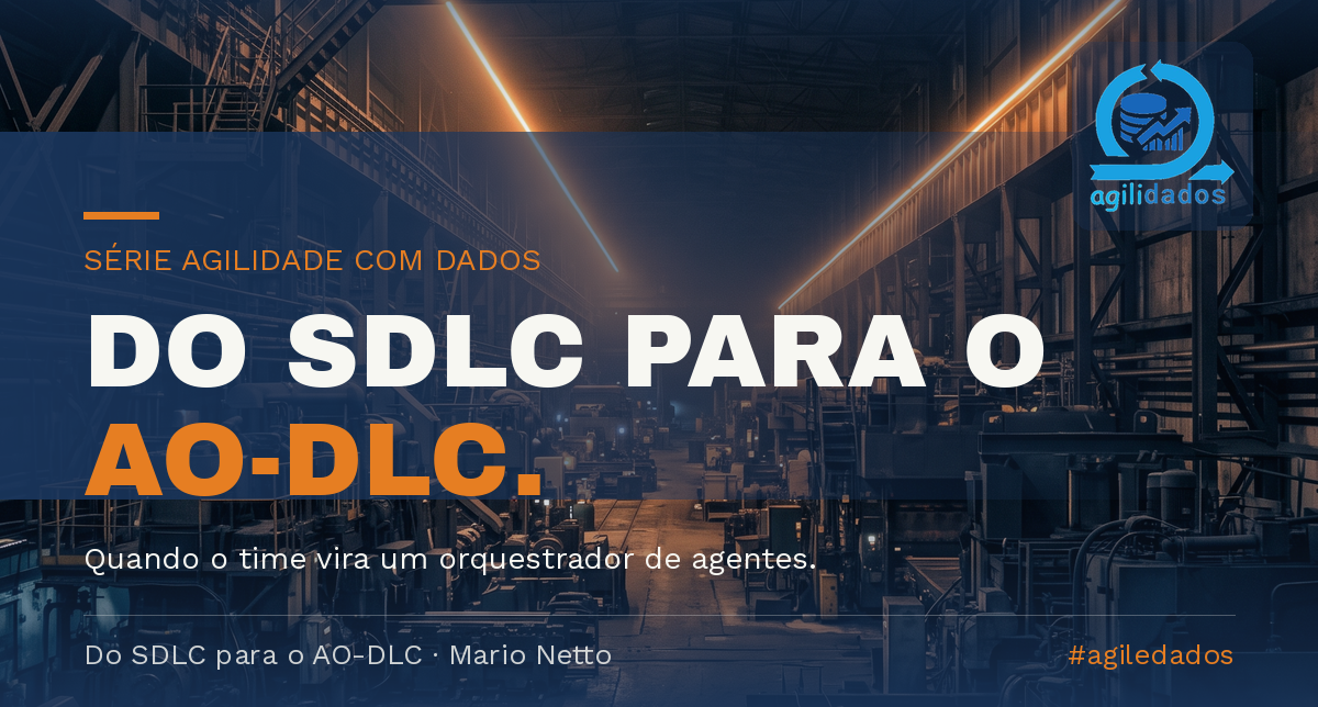 Do SDLC ao AO-DLC — título sobre um galpão industrial à noite e o dado que ancora o artigo: a IA deixa as tarefas 20% a 55% mais rápidas, mas o tempo de revisão subiu até 91%